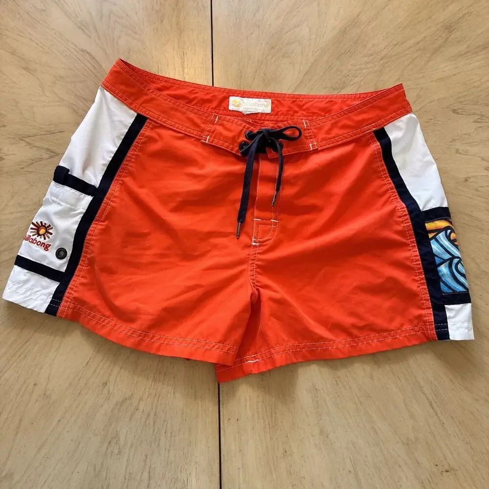 VTG 90s Billabong Board Swim Shorts Mini Womens Large Hawaiian Aloha Orange Surf